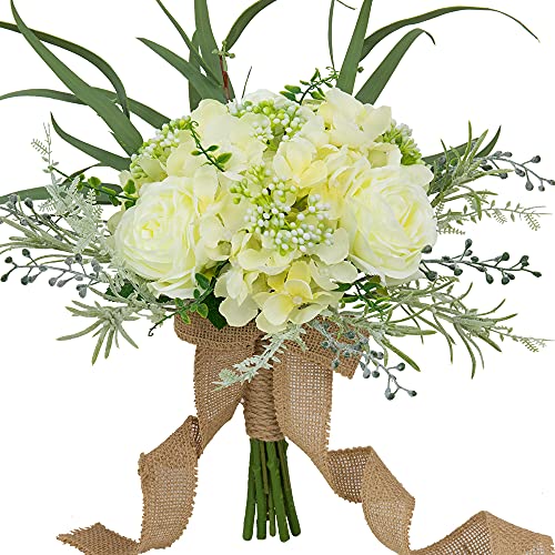 LESING Bridal Wedding Bouquets Artificial Hydrangea Rose Flowers Bouquet Handmade Romantic Wedding Bouquets for Bride Bridesmaid Holding Flowers, 12.5'' (Bouquet-Hydrange White)