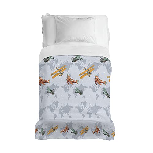 PENSIERI DELICATI Bedspread 170 x 280 cm, Single Sheet 100% Cotton Pique, Ideal as a Furniture Cover, 1 Square Bed Blanket, Grey Airplanes, 100% Made in Italy