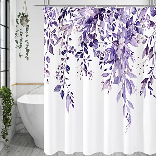 Gibelle Extra Long Shower Curtain 72 x 84, Purple Floral Shower Curtain for Bathroom, Watercolor Plant Eucalyptus Leaves Fabric Shower Curtain Set
