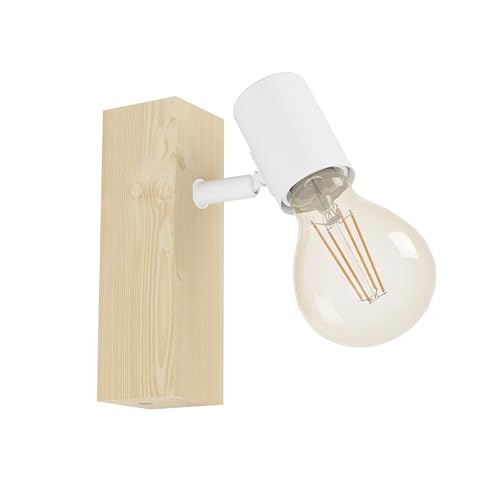Eglo wall lamp Townshend 3, Vintage wall Light Fixture in Industrial Design, Retro Living Room lamp Made of Steel and Wood, White, Brown, E27 Socket, FSC Certified