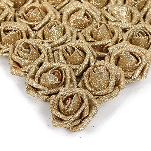 IPOPU Gold Glitter Roses, 25pcs Foam Glitter Roses Glitter Foam Rose Foam Rose with Stem for DIY Wedding Bridal Bouquet Home Party Decoration(Gold)