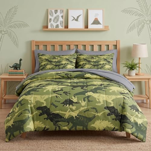 Pamnest Comforter Set Full Size, Camouflage Dino Dinosaur 7 Pcs Bedding for Kids and Adults, Cute Funny Green Bed Sheet Sets with Fitted Sheet 2 Pillowcases & 2 Shams for Bedroom Bed Decor
