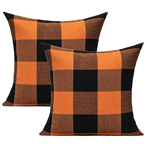 VAKADO 20x20 Set of 2 Halloween Orange and Black Buffalo Plaids Decorative Throw Pillow Covers Fall Farmhouse Classic Retro Rustic Square Cushion Cases Home Decor for Sofa Couch Patio Outdoor