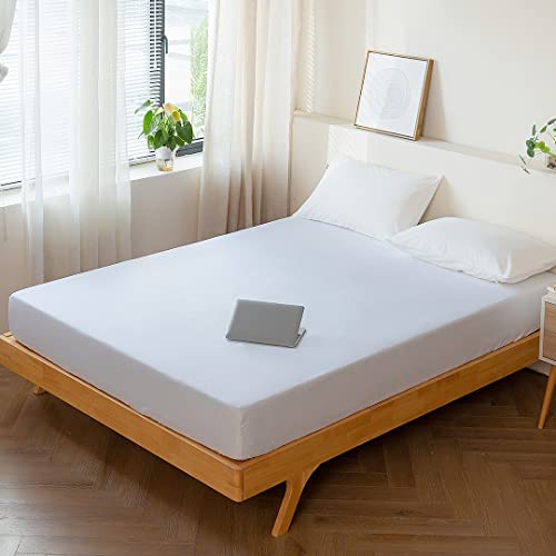 Kono Double Fitted Sheet Brushed Polyester Microfibre Bed Sheets Deep Pocket 25cm Easy Care Soft (Double,White)