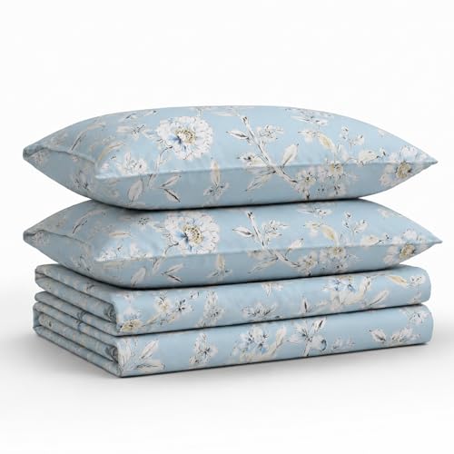 Tribeca Living King Bed Sheet Set, 300 Thread Count Soft Cotton Sateen, Floral Print with Extra Deep Pockets, 4-Piece Bedding Set, Colmar Sky Blue/Multi