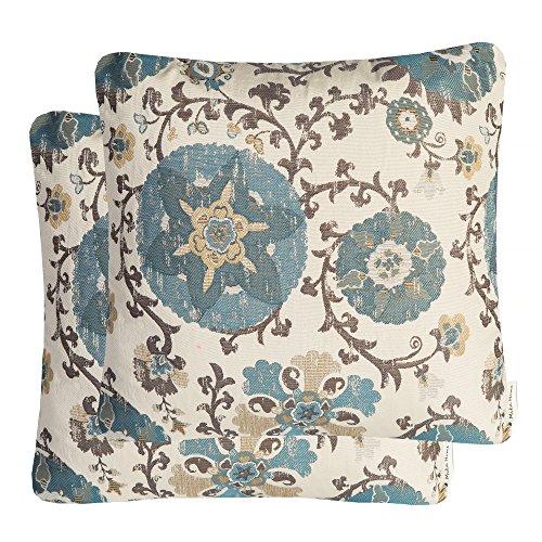Mika Home Pack of 2 Jacquard Circle Floral Throw Pillow Shell Vintage Cushion Cover for 20X20 Inserts Cream Blue