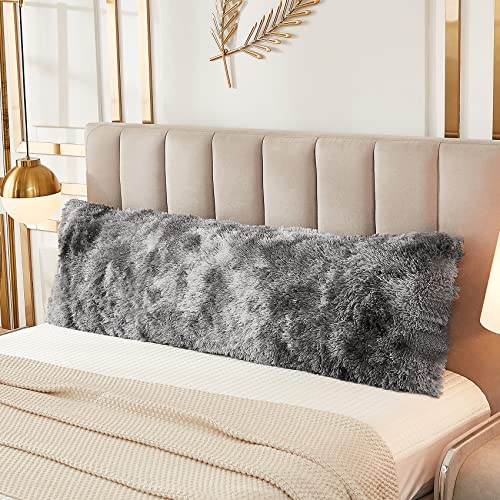 JAUXIO Faux Fur Fluffy Body Pillow Cover Luxury Shaggy Plush Decorative Body Pillowcase, Ultra Soft and Cozy Zipper Closure 21 x 54 Inches, Tie Dye Dark Grey