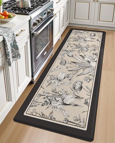 LUMI Kitchen Mats for Floor Cushioned Anti Fatigue Runner Rug, 24x59 - Cream Dark Brown Memory Foam Padded, Easy Care, Waterproof, Standing Comfort for Front Sink Laundry Office