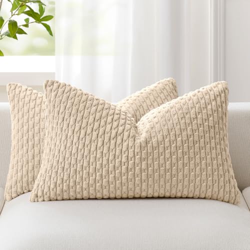Kevin Textile Throw Pillow Covers Soft Corduroy Decorative Set of 2 Boho Striped Pillow Covers Pillowcases Farmhouse Home Decor for Couch Bed Sofa Living Room 12x20 Inch Beige