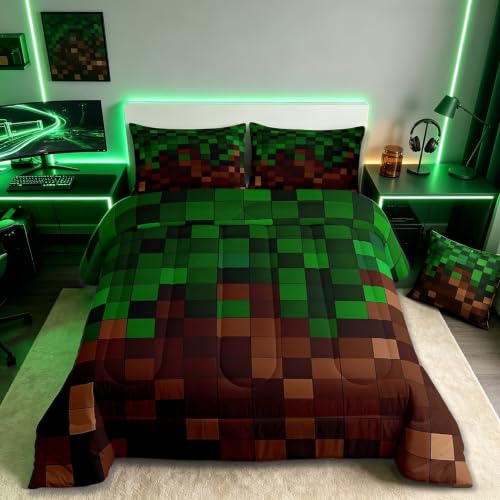 Sandbox Pixelated Comforter Set Full Size,Patchwork Grid Video Games Kids Bedding Set,Miners Lattice Simple Quilt Comforter,Dark Green Brown Duvet Insert,2 Pillowcases