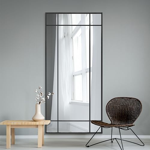 "MirrorOutlet The Fenestra - Black Modern Contemporary Leaner and Wall Mirror 71"" X 33"" (180CM X 85CM) Black Metal Frame."