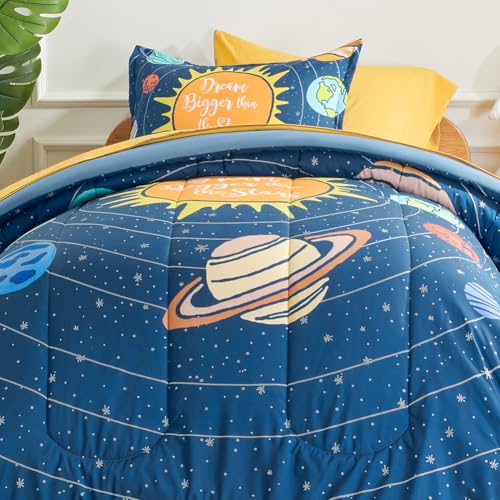 SLEEP ZONE Kids 7 Piece Soft Lightweight Bed in a Bag for Boys, Include Comforter, Flat Sheet, Fitted Sheet, Pillow sham, Pillowcase, Down Alternative Comforter Set(Solar System, Full/Queen)