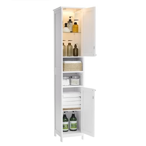 VASAGLE Tall Bathroom Cabinet with Lights, Slim Bathroom Storage Cabinet, Freestanding Narrow Storage Unit with Adjustable Shelves, Open Compartments, for Small Spaces, Modern, Cloud White BBC566W04