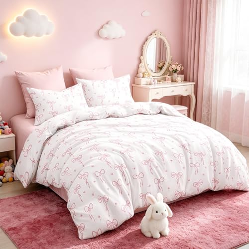 Bildenly Twin Comforter Set White - Pink Bow & Floral Quilt Bedding Set 2 Pieces, Comforter Set Twin Size, Soft & Lightweight Comforter(68?????? x 90??????) for Girl All Season & 1 Pillow Case(30??????x20??????)