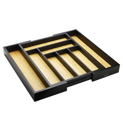 Cozee Bay Bamboo drawer organizer, utensil holder, silverware organizer, and adjustable cutlery tray with drawer dividers, for kitchen, office desk, and bathroom storage (Black)