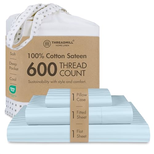 "Threadmill 600 Thread Count Cotton Twin Sheet Set, Sateen, Damask, Blue - 100% Cotton, Sateen Weave, Damask Pattern, 3-Piece Set, 15"" Deep Pocket, Cooling, OEKO-TEX Certified, Machine Washable"