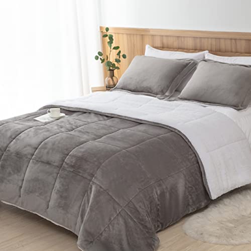 Seward Park Ultra-Soft Micromink Sherpa Comforter Set Full/Queen, Soft Plush Warm Fall Winter Down Alternative Bedding Comforter Sets Grey Charcoal 3 Piece (2 Pillow Shams and 1 Comforter)