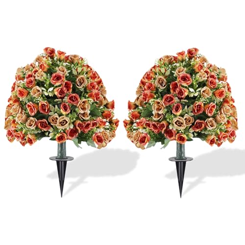 "Set of 2 Artificial Topiary Ball Trees with Rose Flowers, 24"" Fake Boxwood Shrubs for Outdoor with Ground Spike, UV Resistant No Fade Faux Greenery Plants for Indoor Garden, Patio, Porch (Red)"