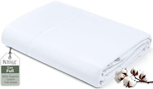 "Royale Linens 100% Organic Cotton Full Flat Sheet Only - Super Soft - Percale Top Sheets - Full Flat Sheet Sold Separately - Breathable, Cool & Crisp White Sheets Only (81"" x 96"", White)"