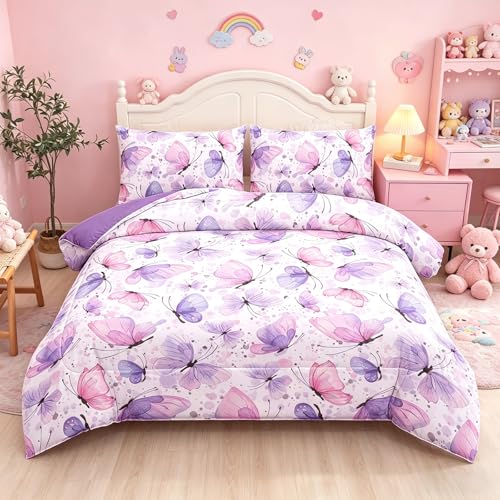 MWMWMW Butterfly Girls Comforter Set Twin, Pink Purple Butterflies Printed Pattern Bedding Set, 5 Pcs Cute Butterfly Bedding Set for Girls Teens Kids Bedroom with Comforter, Sheet Set, Pillowcase
