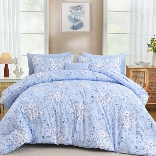 "WONGS BEDDING Queen Size Comforter Set, 8 Pieces Blue Floral Bed in a Bag Comferter Sets, Botanical Print Soft Fluffy Microfiber Complete Bedding Sets for All Season (90""x90"")"