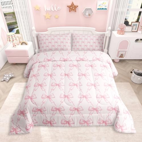 Feelyou Bow Comforter Set Full Size Pink Girls Bow Bedding Set Boys Girls Cute Bowknot Comforter for Kids Women Men Kawaii Duvet Set Bow and Stripes Quilt Set 3Pcs