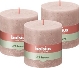 Bolsius Rustic Pillar Candle XXL - Soft Pink - Pack of 3 - Long Burning Time of 62 Hours - Decoration - Unscented - Includes Natural Vegan Wax - No Palm Oil - 10 x 10 cm