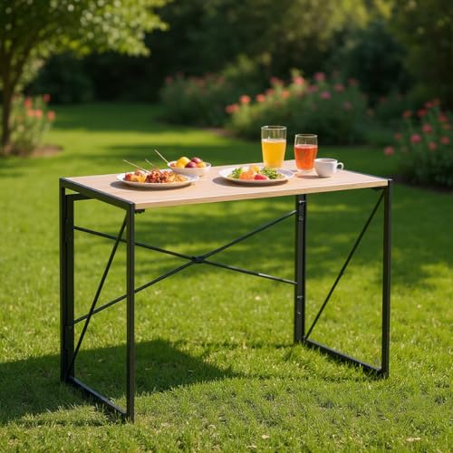 FurnitureR Garden Dining Tables, Indoor/Outdoor Table, MDF and Metal Frame, No Assembly Required, Portable Camping for Picnic BBQ Barbecue, Garden, 100x50x75cm, Oak