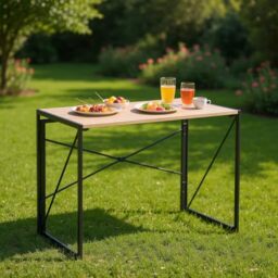 FurnitureR Garden Dining Tables, Indoor/Outdoor Table, MDF and Metal Frame, No Assembly Required, Portable Camping for Picnic BBQ Barbecue, Garden, 100x50x75cm, Oak