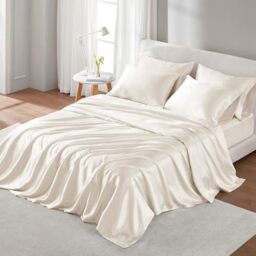"Madison Park Essentials Satin Sheet Set Luxury and Silky with Natural Sheen, Elastic 14"" Pocket fits up to 16"" Mattress, All Around Elastic - Year-Round Bedding, Full, Ivory, 6 Piece"