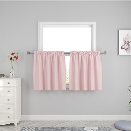 UPOPO Pink Kitchen Tier Curtains 30 inches Long Over Sink Privacy Linen Textured Cafe Curtains Short Caravan Bathroom Small Mini Basement Half Window Curtain Bedroom 2 Panels Rod Pocket
