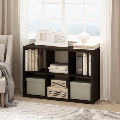 Furinno CUBICLE Book Shelf, 6-Cube Thick Frame Bookshelf, Horizontally & Vertically Reversible Bookcase with Open Back, 37.08 x 111.25 x 76.2 cm, for Living Room, Bedroom, Home Office, Black Oak