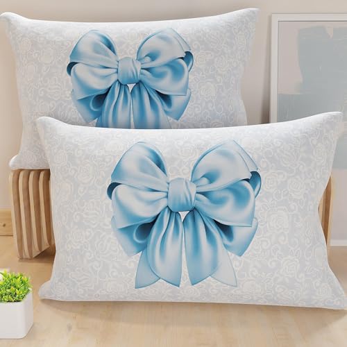 PETTI Artigiani Italiani - Pair of Pillow Cases 50 x 70 cm in Microfibre, Pillows for Bedroom Furniture, Sofa, Living Room, Set of 2 Cushion Covers, Light Blue Bow, 100% Made in Italy