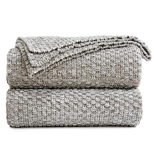 Longhui bedding Knitted Throw Blanket for Couch, Soft, Cozy Machine Washable 100% Cotton Sofa Blanket, Heavy 3.8lb Weight, Laundry Bag Included, Grey and White