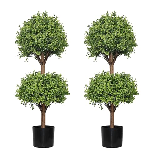 THE BLOOM TIMES 44 Inch Artificial Topiary Double Ball Boxwood Tree,Set of 2 Fake Potted Plants Faux Bushes & Shrubs Plants for Outdoor Planter Front Proch Decor