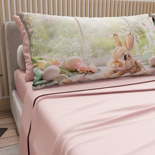 PETTI Artigiani Italiani - Easter Cotton Sheets with Pillowcases in Digital Print, French Queen, Easter Bed Sheet Set Top and Bottom with Corners, 09 Powder, Made in Italy