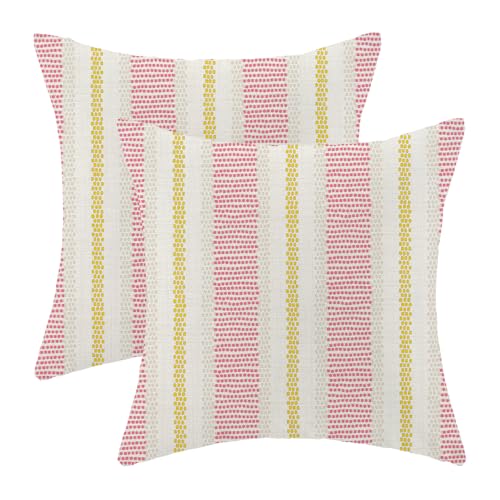 Hot Pink Yellow Summer Outdoor Pillow Covers 18 x 18 Inch,Boho Polka Dots Striped Decor Throw Pillows for Couch Bed,Geometric Modern Farmhouse Decorative Pillowcase Linen Cushion Cover Set of 2