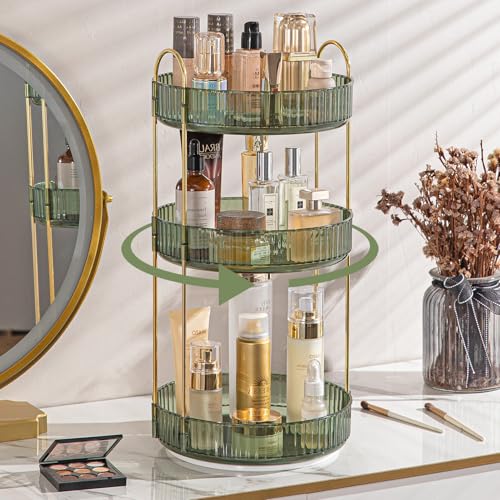 shuang qing Rotating Makeup Organizer for Vanity 3 Tier, High-Capacity Skincare Clear Make Up Storage Perfume Organizers Cosmetic Dresser Organizer Countertop 360 Spinning???Green???