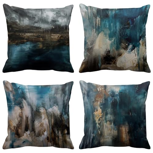 Emvency Set of 4 Throw Pillow Covers Modern Abstract Messy Teal Turquoise Black and Brown Retro Painting Decorative Pillow Cases Home Decor Standard Square 20x20 Inches Pillowcases