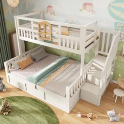Ball & Cast Bunk Bed for Kids, Triple Sleeper Bed Frame with Storage Drawers & Storage Stair, Triple Bunk Beds for Family with Multiple Children, 90+135x190cm, White, (No Mattress)
