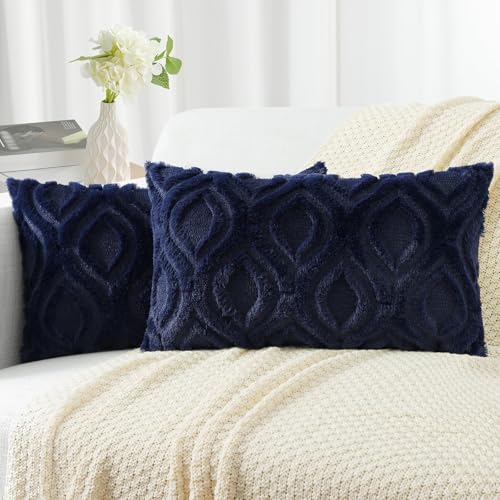 decorUhome Set of 2 Faux Fur Cushion Covers 30x50 cm, Decorative Soft Plush Fluffy Velvet Cushion Cover 12X20 Inch, Rectangle Boho Neutral Pillow Case for Sofa, Navy