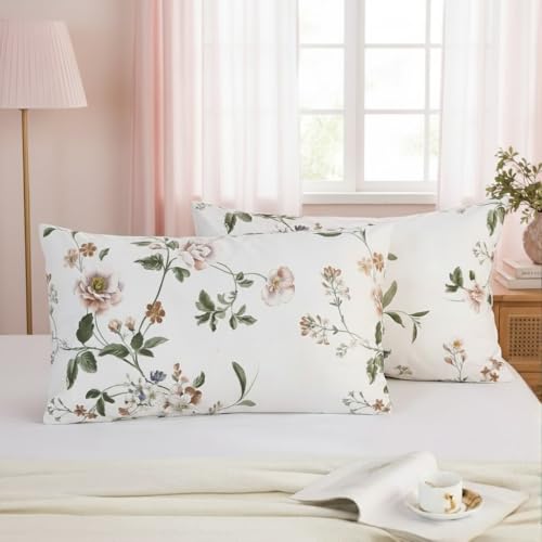 "Cozaline Standard Size Pillowcases Set of 2, 100% Cotton Pillow Cases, Garden Floral Print, Soft Breathable Envelope Closure Pillow Covers(Standard, 20""x26"")"