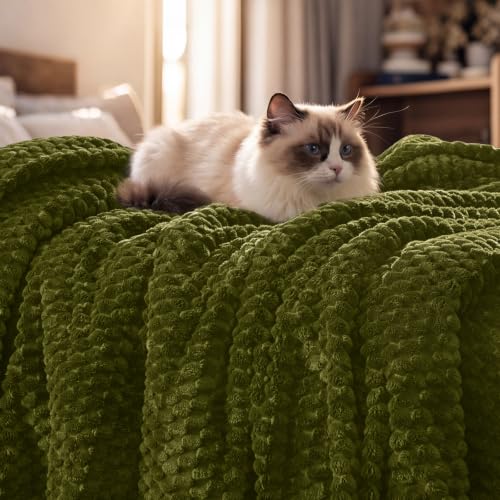 "PHF Ultra Soft Flannel Fleece Blanket King Size, Lightweight 3D Jacquard Fleece Blanket, No Shedding, No Pilling, Luxury 340GSM Aesthetic Fluffy Cozy for Bed Room Decor, 108""x90"", Olive Green"