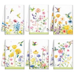 Oudain Sets of 6 Spring Kitchen Towels Decor Floral Wildflower Hummingbirds Branches Dish Hand Tea Towels for Spring Party Holiday Supply Bathroom Housewarming Gift