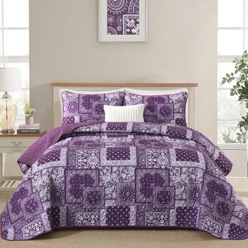 "Cottolester Purple Quilt Set Queen Size,3 Pieces Boho Patchwork Paisley Quilt Set,Soft Microfiber Farmhouse Bedspread Bedding Set for All Season 96""x90"""