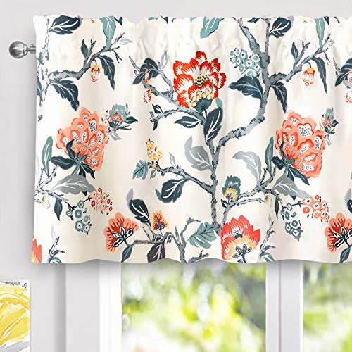 DriftAway Ada Botanical Print Lined Flower Leaf Thermal Insulated Window Valance Rod Pocket 52 Inch by 24 Inch Plus 2 Inch Header Ivory Orange Teal