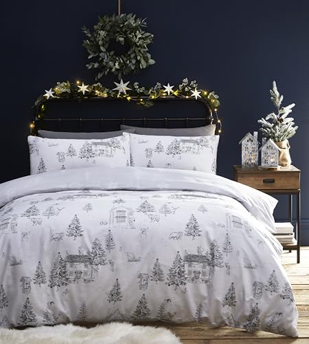 furn. Midwinter Toile Duvet Cover Set - Polycotton Fabric, Picturesque Snow Cottages & Woodland Animals Festive Bedding (White – Double)