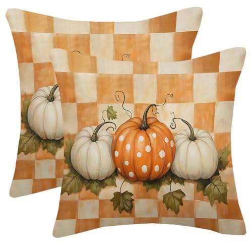 Orange Fall Pumpkin Pillow Cover 18x18 Set of 2 Polka Dots Buffalo Plaid Print Autumn Themed Decorative Throw Pillows Farmhouse Thanksgiving Fall Decor Outdoor Cushion Case for Couch Sofa Bed