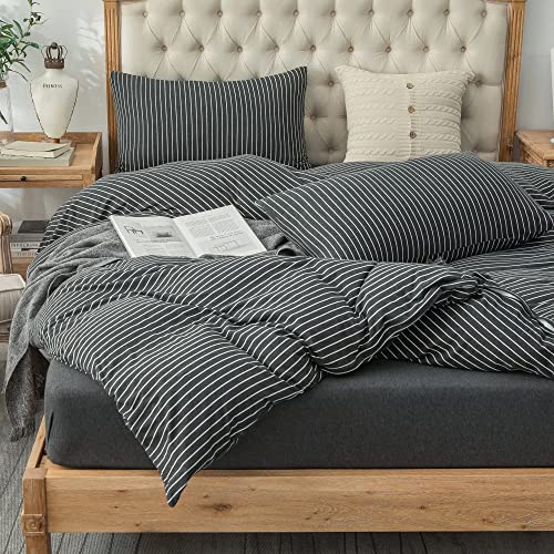 PURE ERA Jersey Knit Duvet Cover Set 100% T-Shirt Heather Cotton Super Soft Comfy Classic Striped Design, with Zipper Closure, Black & White Pinstripe, Queen