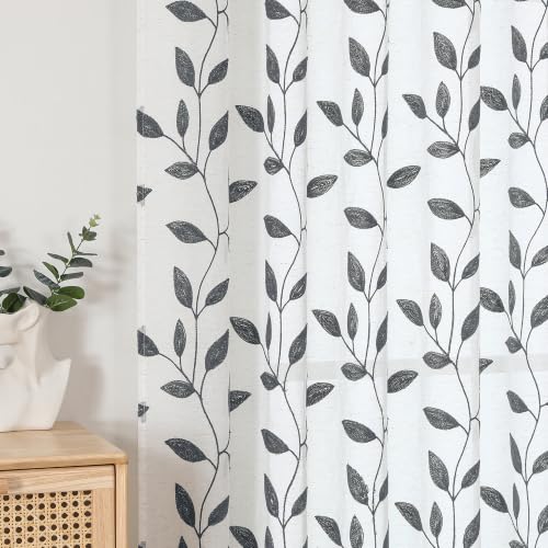 Chyhomenyc Grey Sheer Curtains 63 Inch Length - Light Filtering Blend Linen Embroidered Leaf Pattern Window Curtain Panel Drapes for Living Room Bedroom, 40Wx63L Inch, 2 Panels